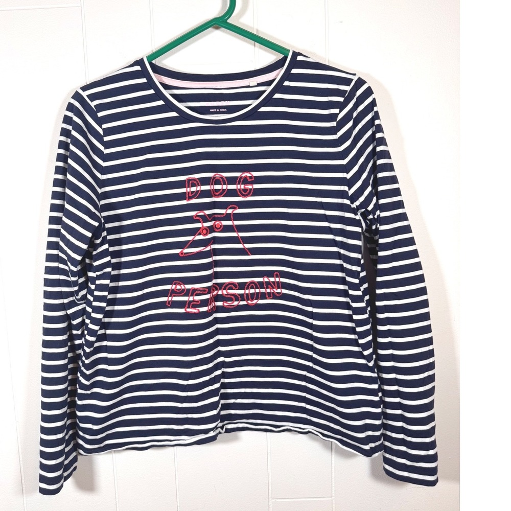 Boden Dog Person Striped Long Sleeve Tee Navy Blue White Cotton Large Preppy